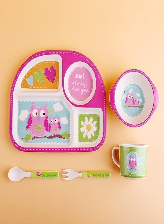 TORIOX طقم توريوكس من ألياف الخيزران للأطفال مكون من 5 قطع | طقم أدوات مائدة للأطفال الرضع/الصغار/الرضع برسومات كرتونية، يتضمن أطباقًا وملعقة وشوكة وعيدان طعام، وأطباقًا متعددة الألوان (مربعة) - Image 4