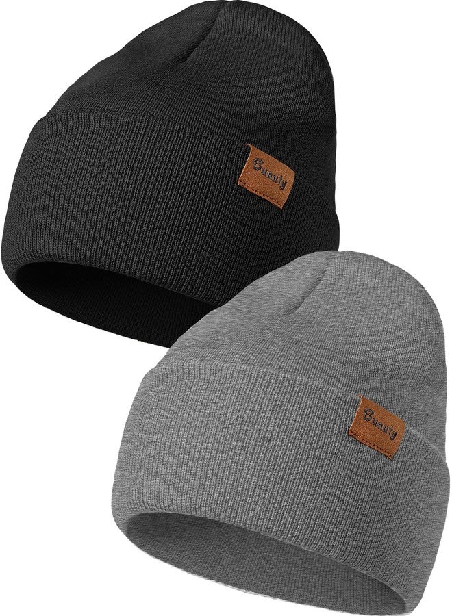Buauty Black and Grey Beanie Hats for Men Women, Warm Winter Snow Skull Caps, Daily Thermal Stocking Caps, Fall Spring Knit Cookies Beanie, Striped Cuffed Beanie Ski Skate Hiking for Men - Image 1