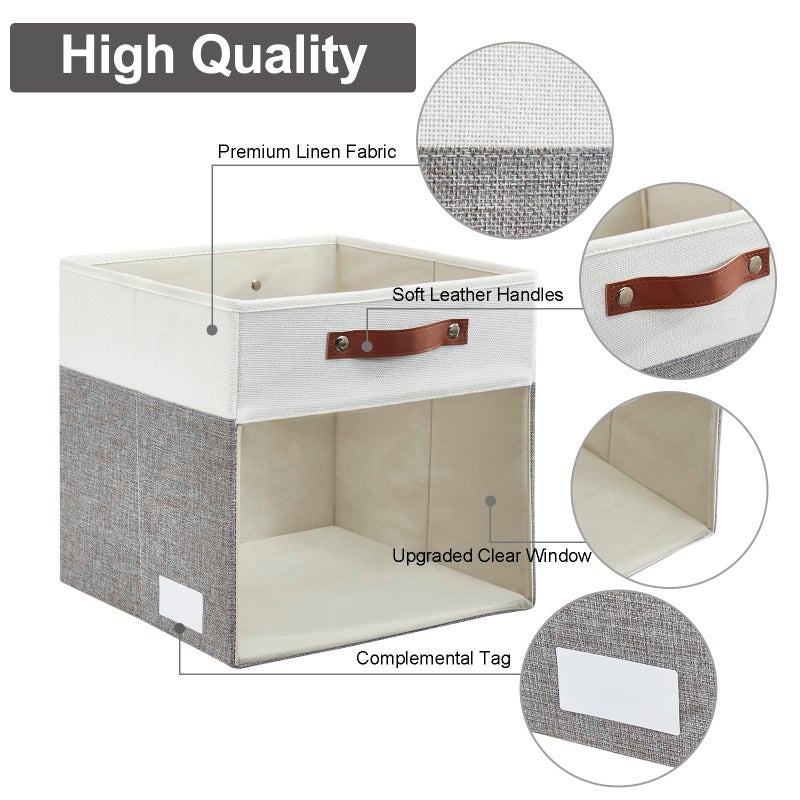 Bagnizer Storage Cubes, 4 Pack Linen Foldable Storage Bins (13 x 13 inch) with Clear Window and 2 Handles, Closet Organizers and Storage for Shelf Closet, Clothes, Books - (Gray and White) - Image 4
