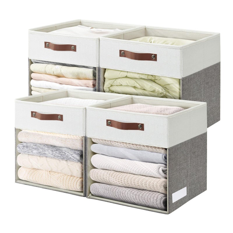 Bagnizer Storage Cubes, 4 Pack Linen Foldable Storage Bins (13 x 13 inch) with Clear Window and 2 Handles, Closet Organizers and Storage for Shelf Closet, Clothes, Books - (Gray and White) - Image 1