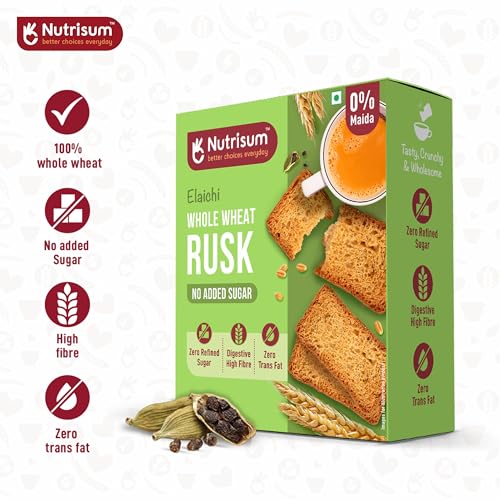 Nutrisum Premium Whole Wheat Rusk Jeera, Ajwain & Elaichi Flavour Combo, High Fiber, Refined Sugar Free, Tea Toasts 180 gms (Pack of 2) - Image 4