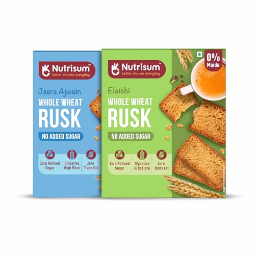 Nutrisum Premium Whole Wheat Rusk Jeera, Ajwain & Elaichi Flavour Combo, High Fiber, Refined Sugar Free, Tea Toasts 180 gms (Pack of 2) - Image 1