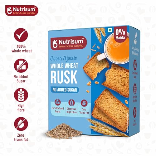 Nutrisum Premium Whole Wheat Rusk Jeera, Ajwain & Elaichi Flavour Combo, High Fiber, Refined Sugar Free, Tea Toasts 180 gms (Pack of 2) - Image 5
