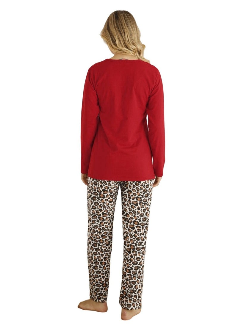 MARILYN MOOD - Women's 2-Piece Sleepwear Loungewear Top and Pants Turkish Cotton Pajama Set Red - Image 1