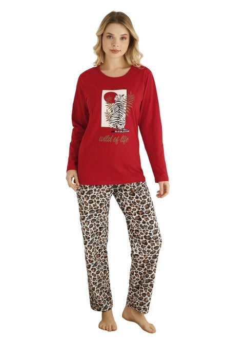 Women's 2-Piece Sleepwear Loungewear Top and Pants Turkish Cotton Pajama Set Red