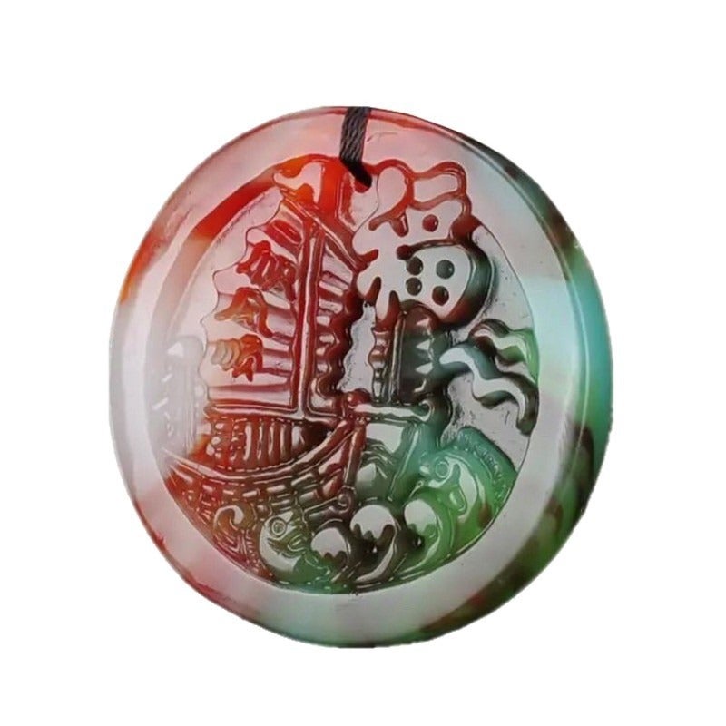Qi Ta Colorful Jade Pendant, Round Charm for Men and Women, Versatile Accessory with Vintage Pattern - Image 5