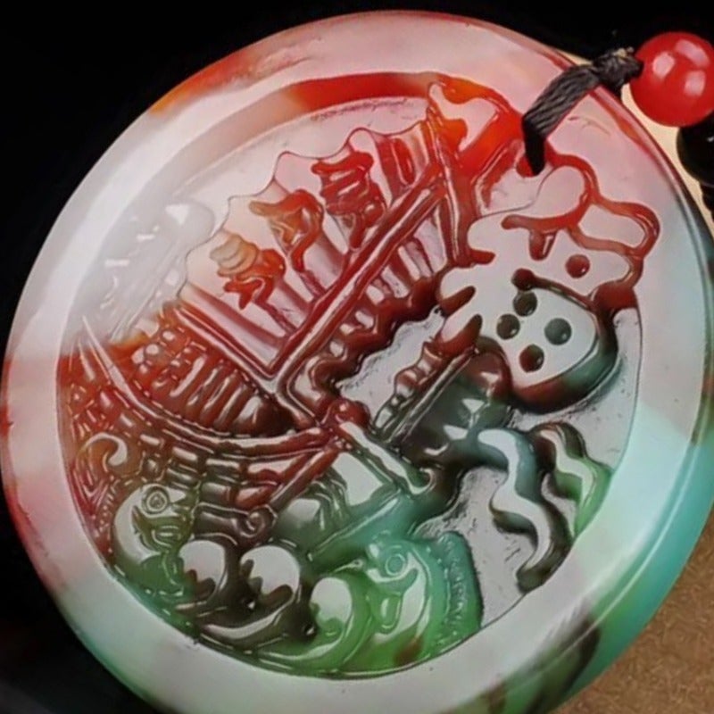 Qi Ta Colorful Jade Pendant, Round Charm for Men and Women, Versatile Accessory with Vintage Pattern - Image 4