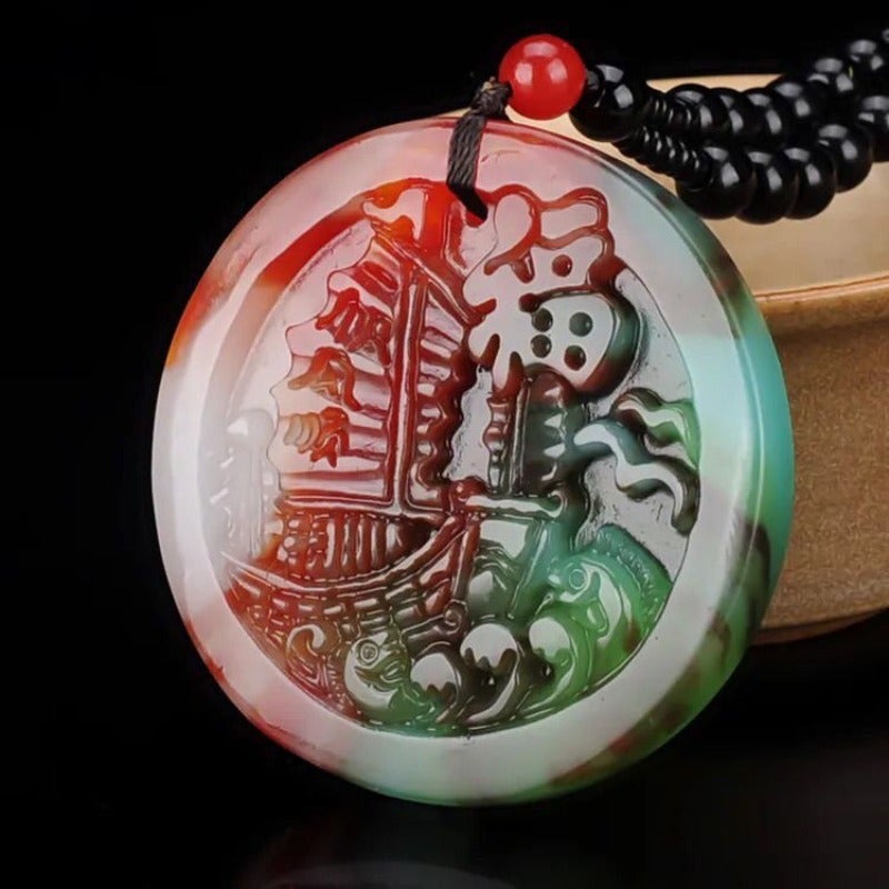 Qi Ta Colorful Jade Pendant, Round Charm for Men and Women, Versatile Accessory with Vintage Pattern - Image 1