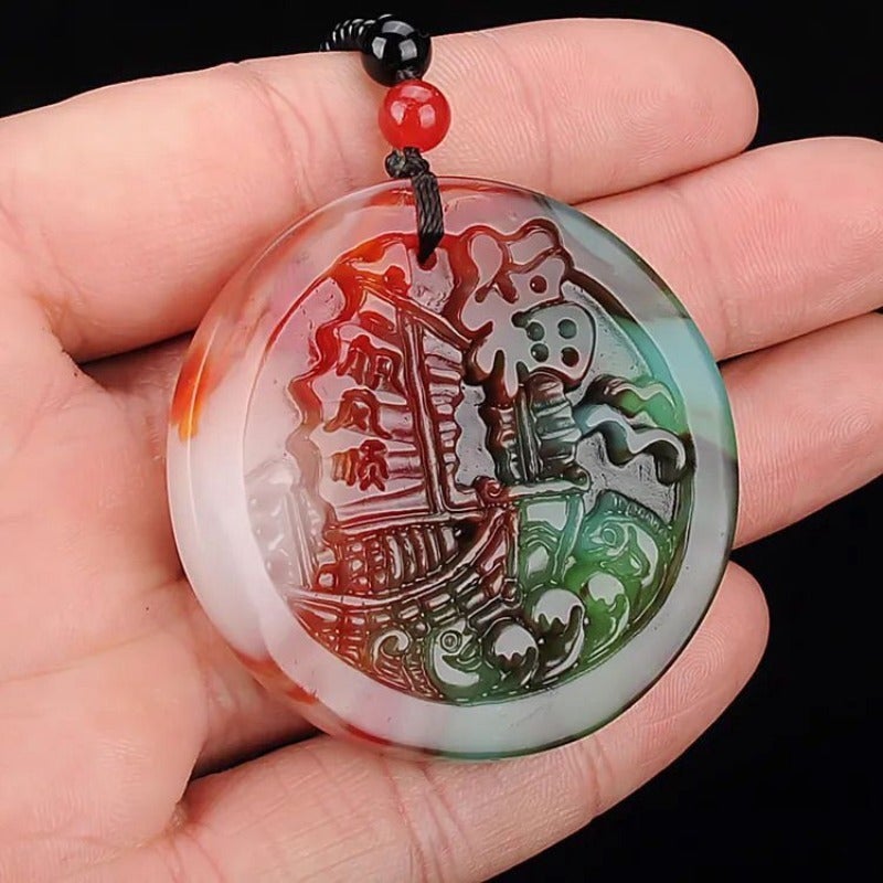 Qi Ta Colorful Jade Pendant, Round Charm for Men and Women, Versatile Accessory with Vintage Pattern - Image 3