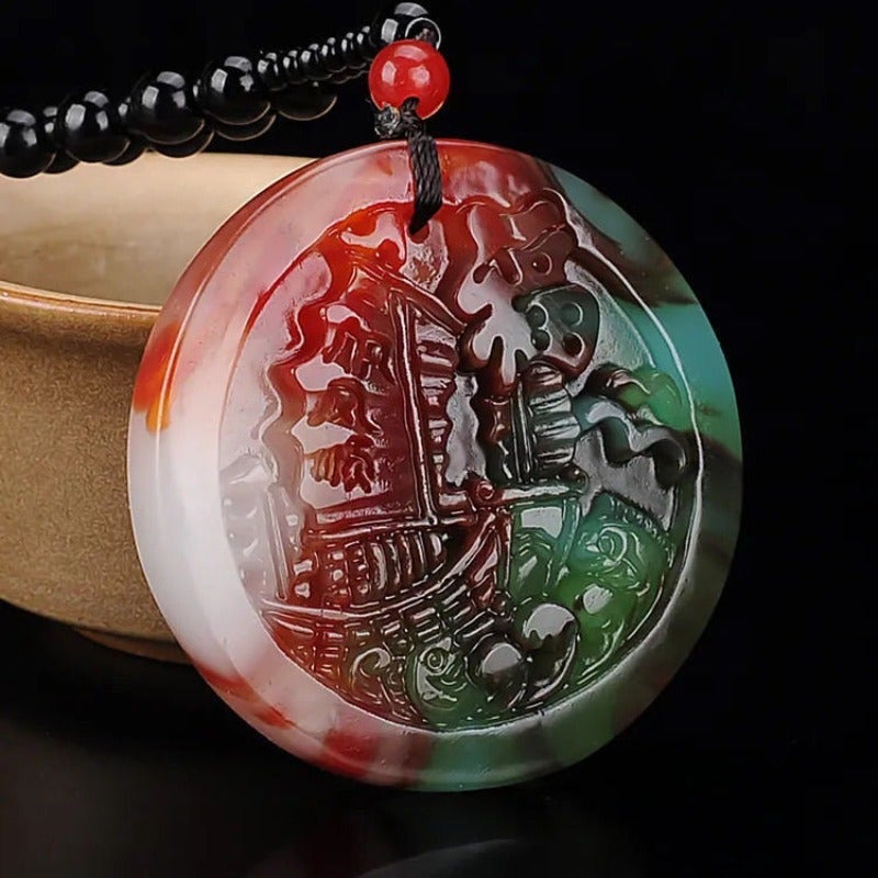 Qi Ta Colorful Jade Pendant, Round Charm for Men and Women, Versatile Accessory with Vintage Pattern - Image 2