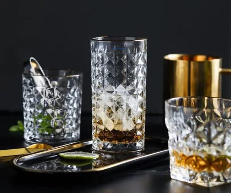 SYANKA Italian Premium Juice Glasses Set of 4, Transparent, 300ml, Diamond Design Highball Glasses for Drinking Juice, Water, and Cocktails - Image 4