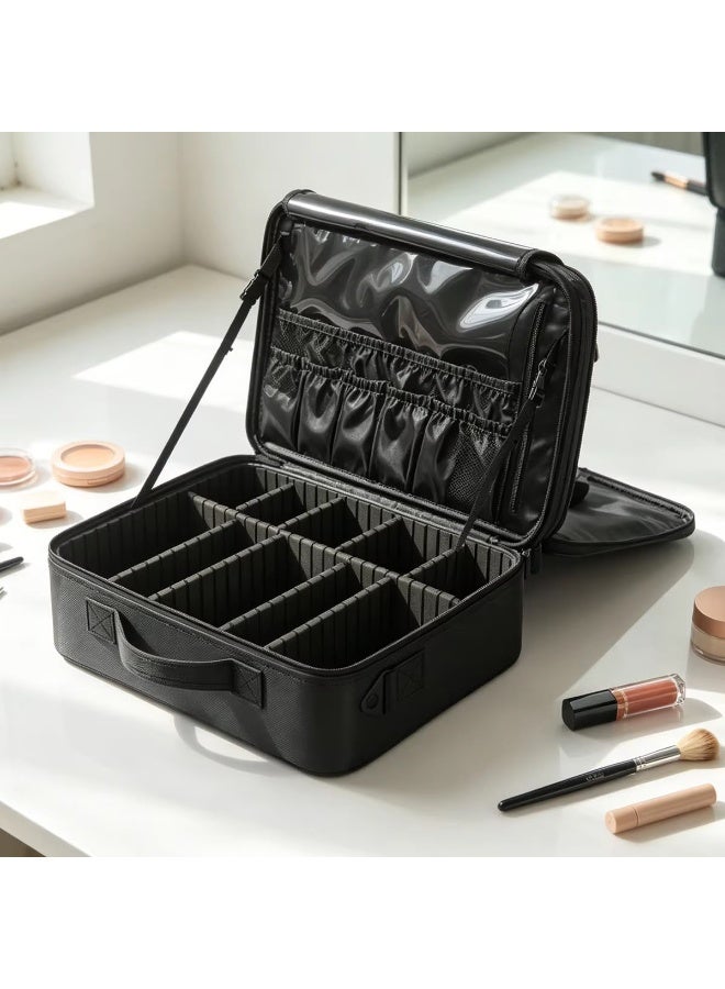 Makeup Bag Empty Vanity Bag – Portable Cosmetic Organizer with Adjustable Slots, Black, Size 34.5 S - Image 2