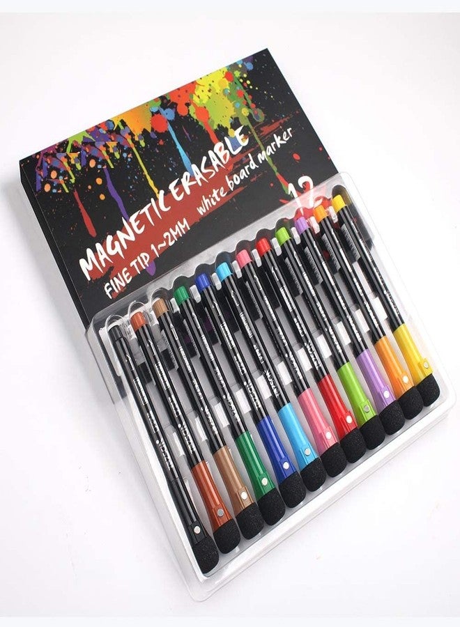 KRYTONE�12 Colors Magnetic Fine Tip Dry Erase Markers with Erasers, Low Odor Fine Point Erasable Whiteboard Marker Pen for Classroom Work Office Supplies (12 Colors) - Image 2