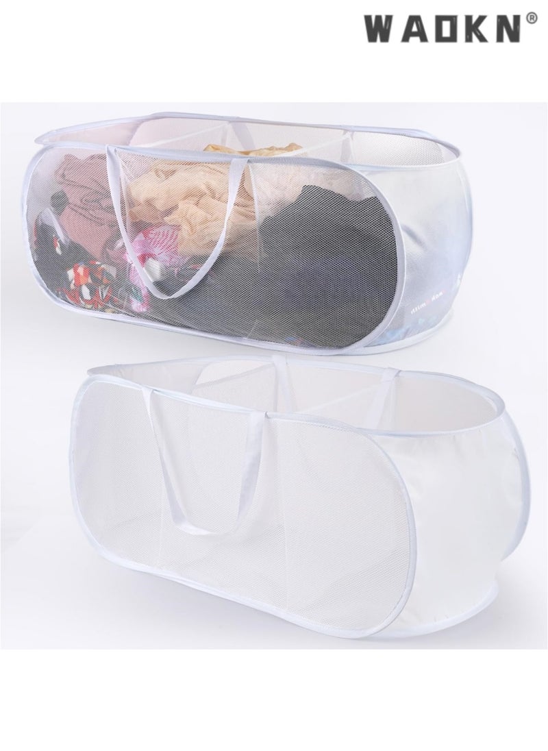 WAOKN - 2 Pack Popup Laundry Hamper, 3 Compartment Sortable Collapsible Mesh Pop up Laundry Basket, Foldable Laundry Hampers, Portable Laundry Basket for Family College Dorm Hoom Dirt Clothes Bin with Handle - Image 1