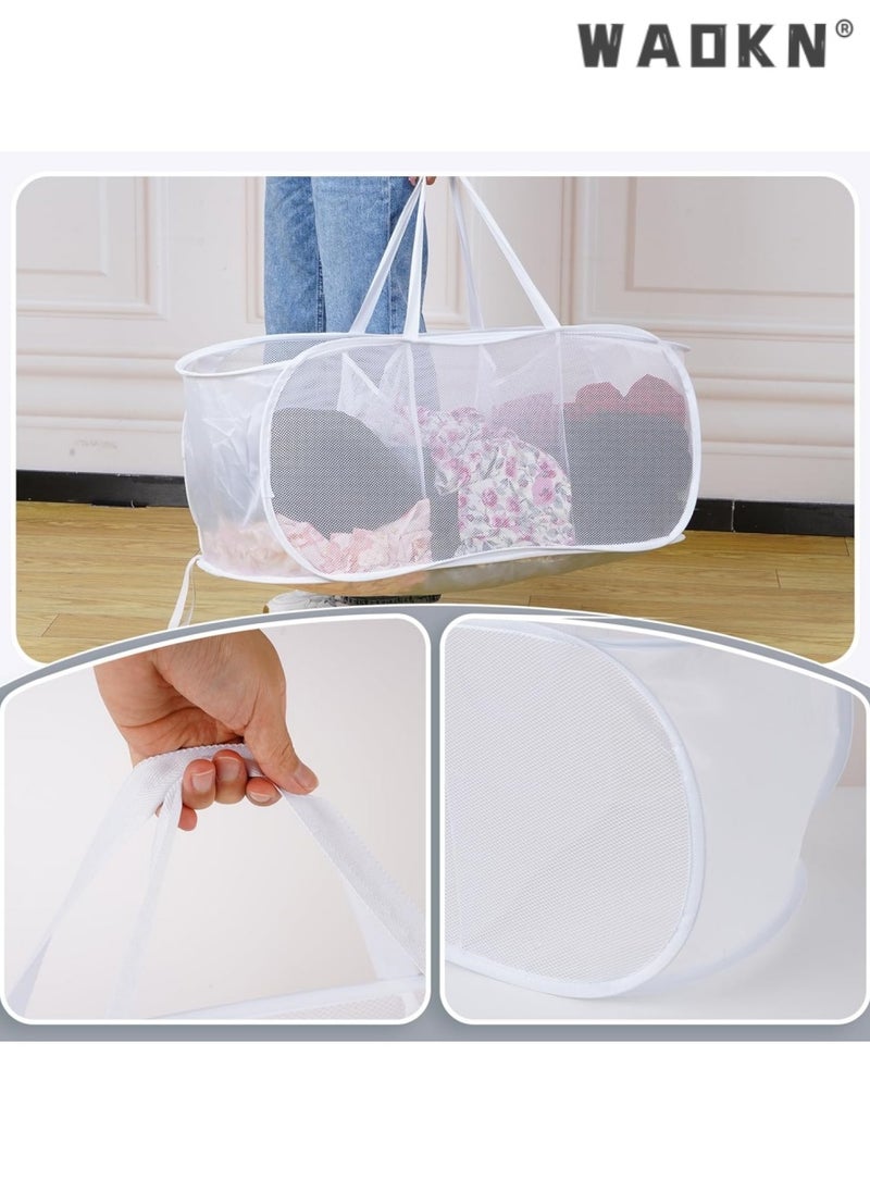WAOKN - 2 Pack Popup Laundry Hamper, 3 Compartment Sortable Collapsible Mesh Pop up Laundry Basket, Foldable Laundry Hampers, Portable Laundry Basket for Family College Dorm Hoom Dirt Clothes Bin with Handle - Image 1