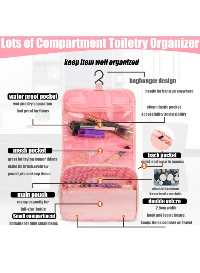 LUMYA Hanging Toiletry Bag for Travel, Large Capacity Makeup Organizer with Hook, Waterproof Oxford Fabric Cosmetic Bag for Men & Women, Foldable Toiletry Kit for Bathroom, Business Trip, Gym (Pink) - Image 3