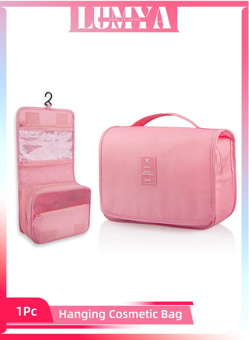 LUMYA Hanging Toiletry Bag for Travel, Large Capacity Makeup Organizer with Hook, Waterproof Oxford Fabric Cosmetic Bag for Men & Women, Foldable Toiletry Kit for Bathroom, Business Trip, Gym (Pink) - Image 1