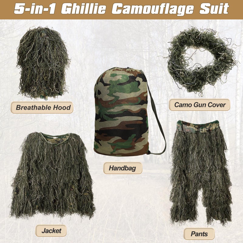 DoCred Ghillie Suit for Men, 5 in 1 Ghillie Suit Superior Camo Hunting Clothes for Kids/Youth Hunters, Military, Sniper Airsoft and Paintball - Image 5