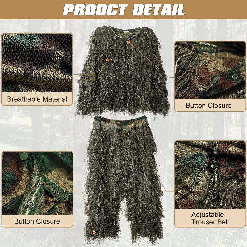 DoCred Ghillie Suit for Men, 5 in 1 Ghillie Suit Superior Camo Hunting Clothes for Kids/Youth Hunters, Military, Sniper Airsoft and Paintball - Image 4