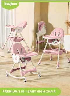 BAYBEE IRIS 3 in 1 Baby High Chair For Kids, Baby Feeding Chair Booster Seat With Rocker, Wheels, Storage, Recline - Pink  - Image 1