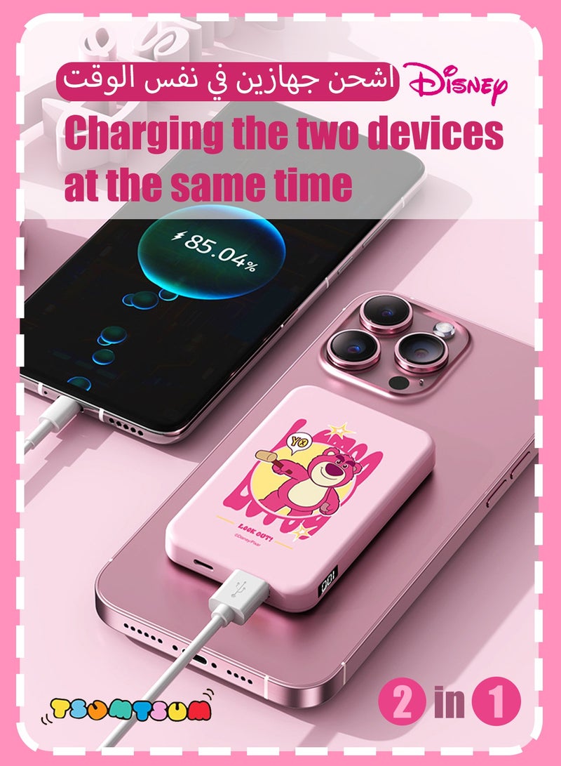 ديزني بنك طاقة لاسلكي مغناطيسي 10000 مللي أمبير في الساعة، بنك طاقة محمول خفيف الوزن للغاية، شاحن محمول لسلسلة iPhone 16/15، Galaxy، iPad، AirPods، إلخ، وردي - Image 3
