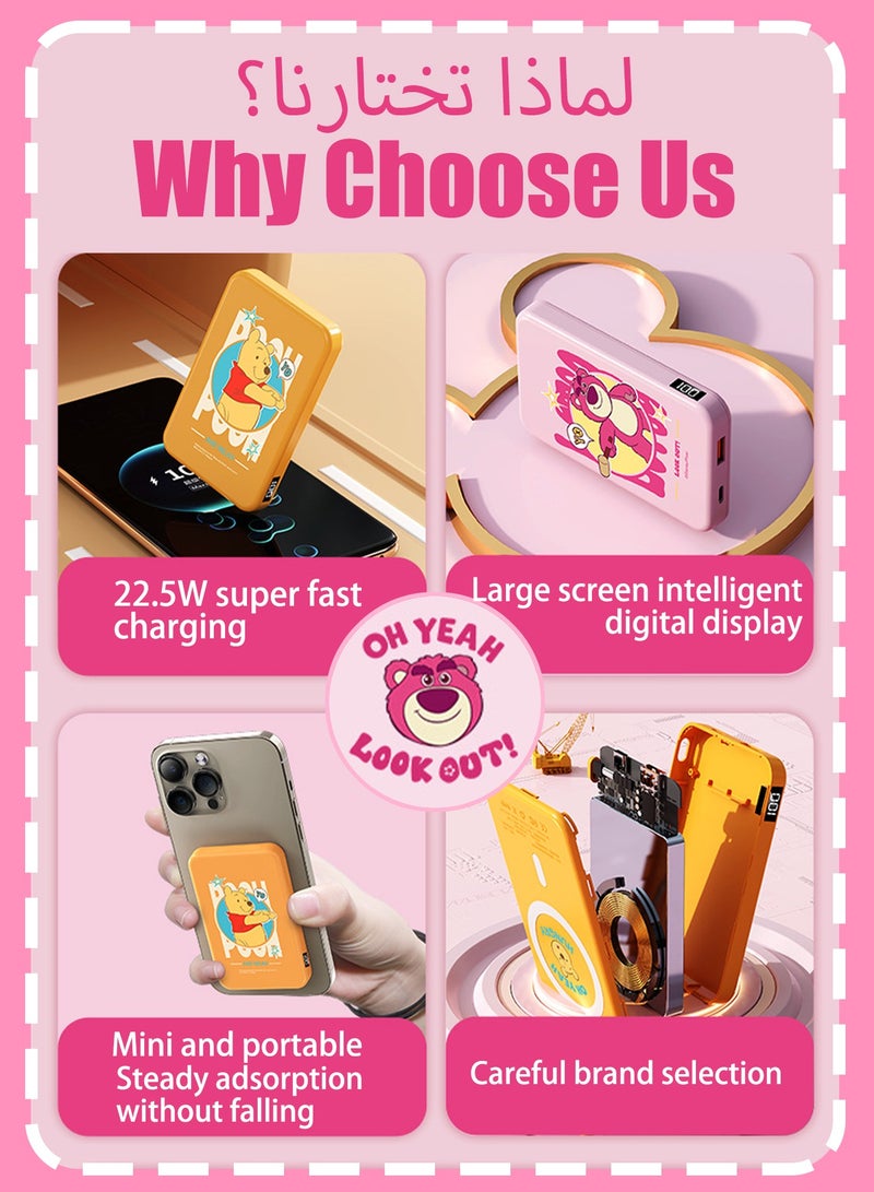 ديزني بنك طاقة لاسلكي مغناطيسي 10000 مللي أمبير في الساعة، بنك طاقة محمول خفيف الوزن للغاية، شاحن محمول لسلسلة iPhone 16/15، Galaxy، iPad، AirPods، إلخ، وردي - Image 4