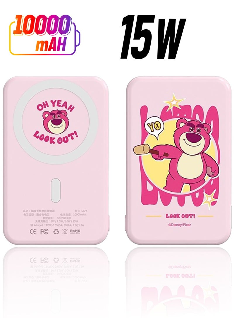 ديزني بنك طاقة لاسلكي مغناطيسي 10000 مللي أمبير في الساعة، بنك طاقة محمول خفيف الوزن للغاية، شاحن محمول لسلسلة iPhone 16/15، Galaxy، iPad، AirPods، إلخ، وردي - Image 1