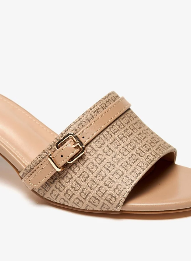 Flora Bella By Shoexpress Women Monogram Print Slip-On Sandals with Block Heels and Buckle Accent