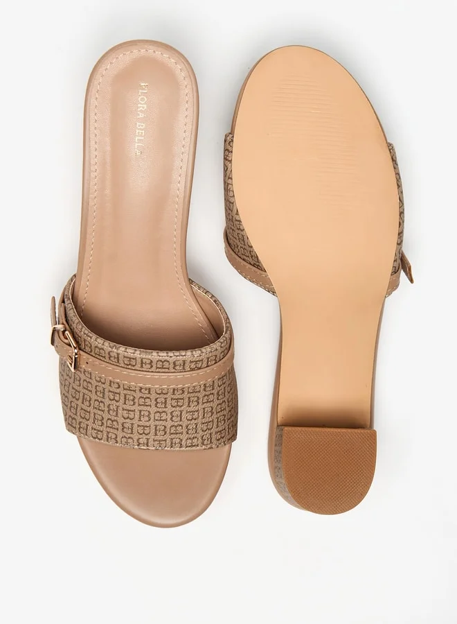 Flora Bella By Shoexpress Women Monogram Print Slip-On Sandals with Block Heels and Buckle Accent