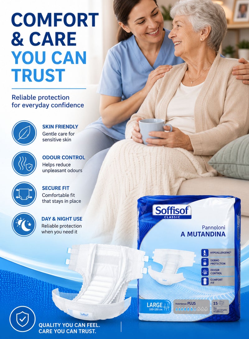Soffisof Classic Adult Diapers Large 15PCS Adult Incontinence Tape Diapers for Men & Women with Hypoallergenic Aloe Dermo Protection Odour Control Comfort Fit 100-150cm - Image 3