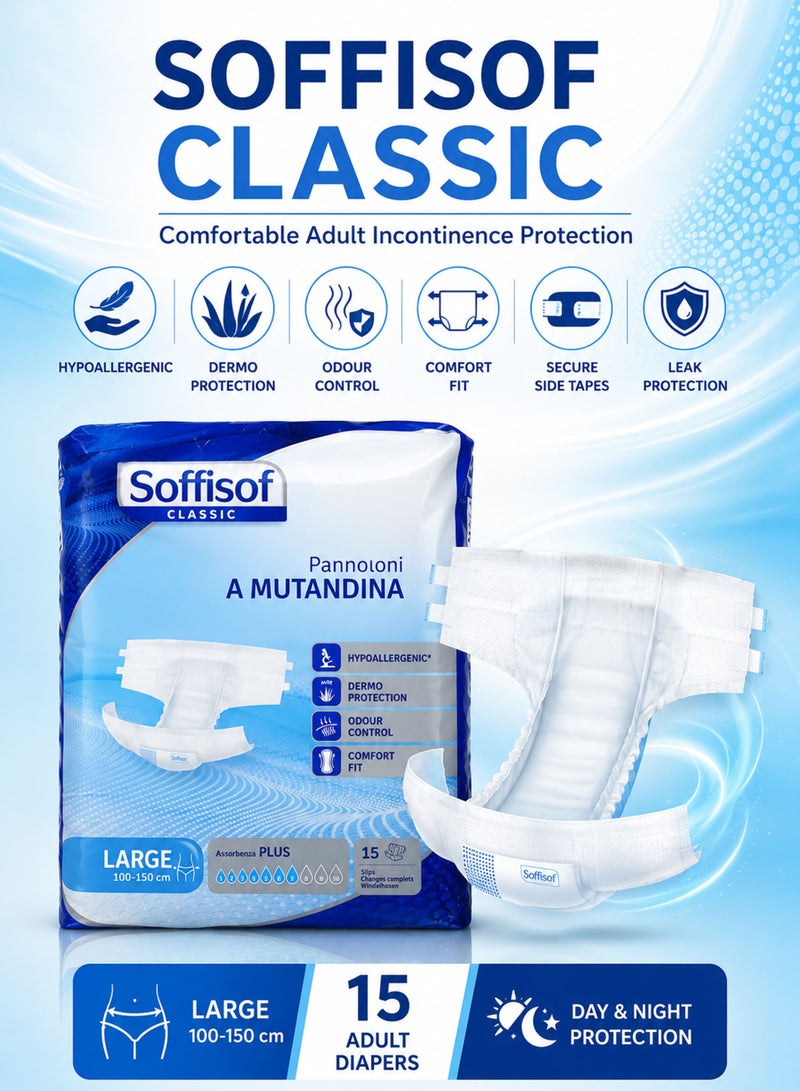 Soffisof Classic Adult Diapers Large 15PCS Adult Incontinence Tape Diapers for Men & Women with Hypoallergenic Aloe Dermo Protection Odour Control Comfort Fit 100-150cm - Image 1