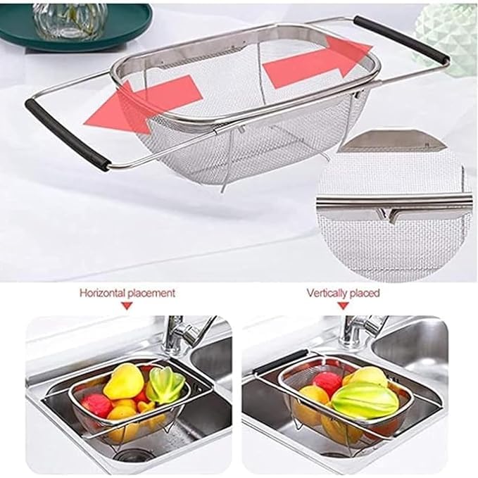 Black Sparrow Over The Sink Colander Strainer Basket Stainless Steel for Kitchen Sink with Rubber Grip Fine Mesh Stainless Steel Large Expandable Metal Strainer for Pasta Food Vegetables - Image 4