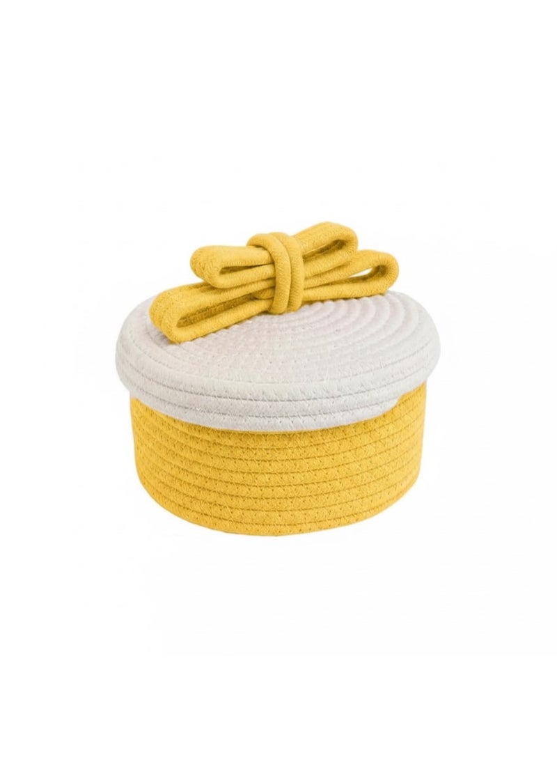 Woven Cotton Rope Storage Basket - Boho Makeup & Accessories Organizer - Round Decorative Bin for Vanity, Bedroom & Nursery - White & Yellow - Image 1