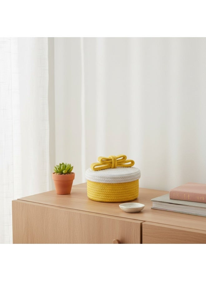 Woven Cotton Rope Storage Basket - Boho Makeup & Accessories Organizer - Round Decorative Bin for Vanity, Bedroom & Nursery - White & Yellow - Image 2