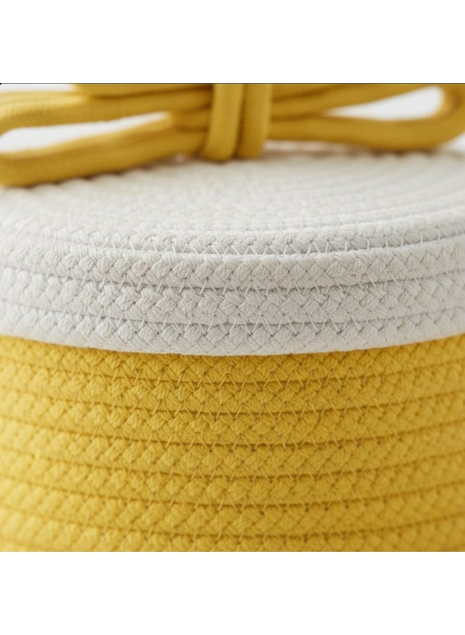Woven Cotton Rope Storage Basket - Boho Makeup & Accessories Organizer - Round Decorative Bin for Vanity, Bedroom & Nursery - White & Yellow - Image 3