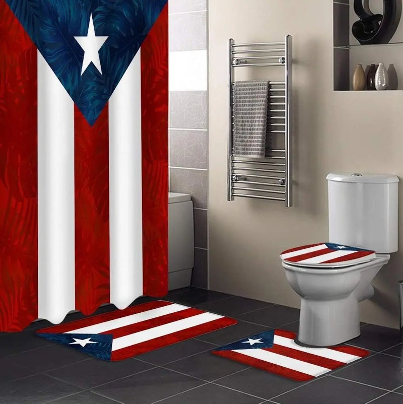 Y&D 4 Pcs Shower Curtain Sets Puerto Rico Flag Waterproof  Bathroom Set with Non-Slip Rugs Toilet Lid Cover Bath Mat - Image 2