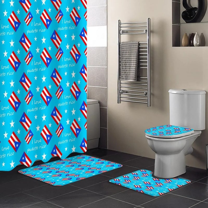 Y&D 4 Pcs Shower Curtain Sets Puerto Rico Flag Waterproof  Bathroom Set with Non-Slip Rugs Toilet Lid Cover Bath Mat - Image 1