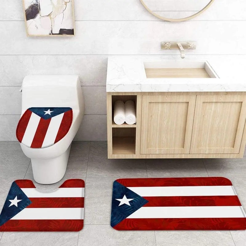 Y&D 4 Pcs Shower Curtain Sets Puerto Rico Flag Waterproof  Bathroom Set with Non-Slip Rugs Toilet Lid Cover Bath Mat - Image 4