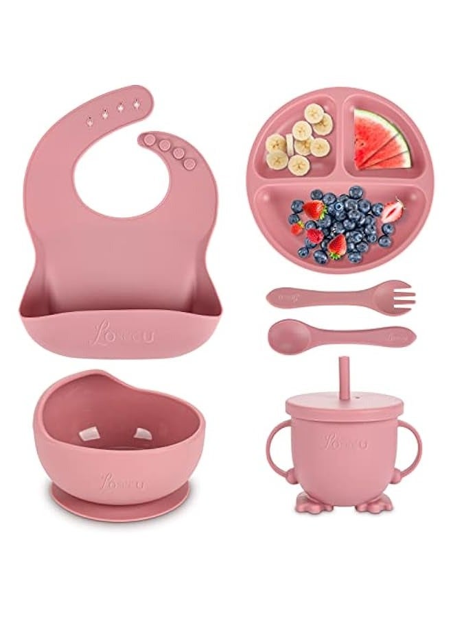 6 Piece Silicone Baby Feeding Set Pink - Image 1
