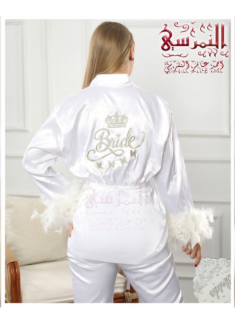 Bride's pajamas Two pieces , Embroidered ,feathers with white