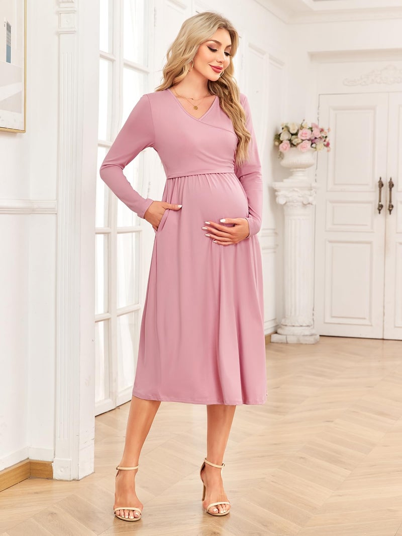 AISWI 2025 Maternity Nursing Dress with Pockets Long Sleeve V Neck Wrap A Line Pregnancy Midi Dresses Baby Shower, Solid, Pink, Medium - Image 3