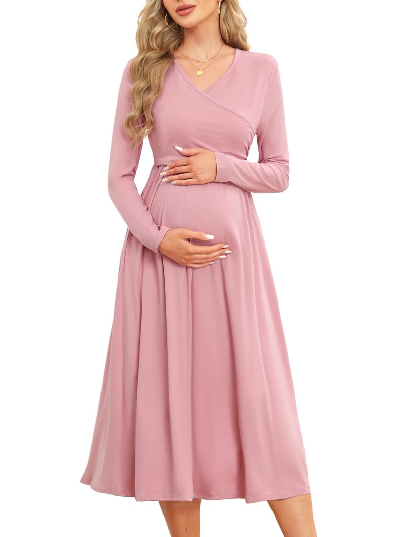 AISWI 2025 Maternity Nursing Dress with Pockets Long Sleeve V Neck Wrap A Line Pregnancy Midi Dresses Baby Shower, Solid, Pink, Medium - Image 1