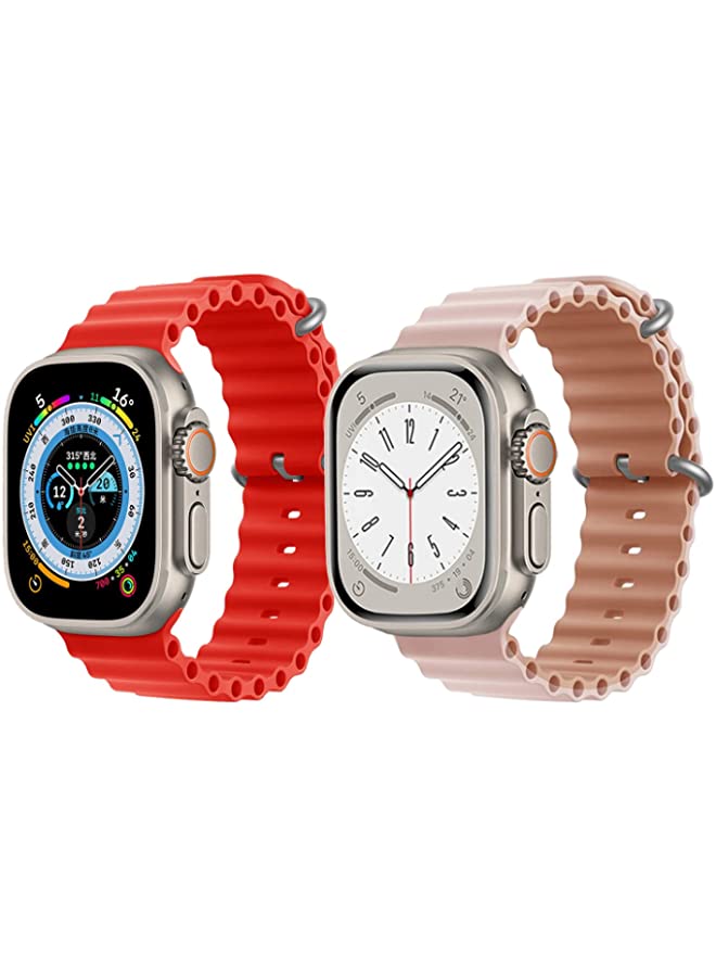 IAF Silicone Ocean Band Strap for Apple Watch Ultra 8 49mm Red Single Color Strap with Pink/Beige Double Side Strap Set of 2