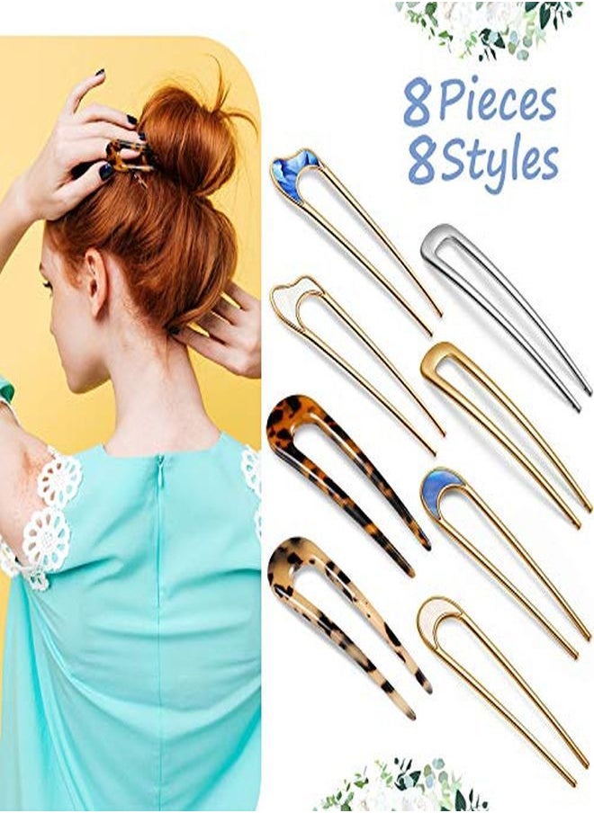 Chuangdi - 8 Pieces U-Shaped Hairpin French Style Hair Stick Tortoise Shell Metal Hair Pin Fork Sticks With 2 Prongs Updo Chignon Pins Hair Styling Accessories For Women Girls (Light Tortoise, Tortoise Shell) - Image 1