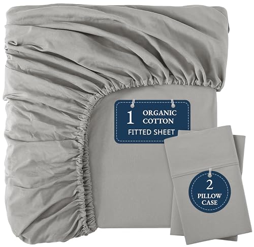 LANE LINEN 100% Organic Cotton Fitted Sheet Full Size, 3Pc Set (1 Fitted Sheet, 2 Pillowcases), Percale Weave, Full Bed Fitted Sheets, Breathable, Fits Mattress Upto 15' Deep - Silver(No Flat Sheet)