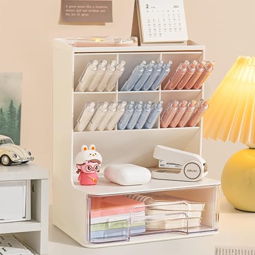 SUKHAD Multi-Functional Desk Organizer with Drawer – Plastic Desktop Storage Box for Office Supplies, Stationery and Mobile Holder | Study Table Organizer for Home, School & Work Desks (White) - Image 1