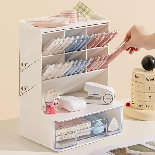 SUKHAD Multi-Functional Desk Organizer with Drawer – Plastic Desktop Storage Box for Office Supplies, Stationery and Mobile Holder | Study Table Organizer for Home, School & Work Desks (White) - Image 2