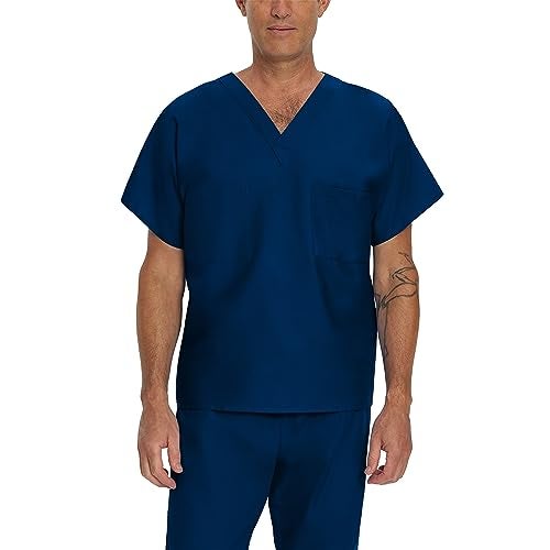 Landau Essentials Unisex Relaxed Fit 1-Pocket V-Neck Scrub Top 7502 Navy - Image 1