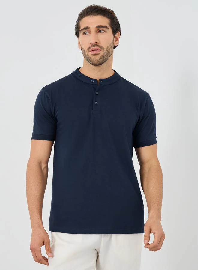 Styli Short Sleeve Mandarin Collar Polo T-Shirt