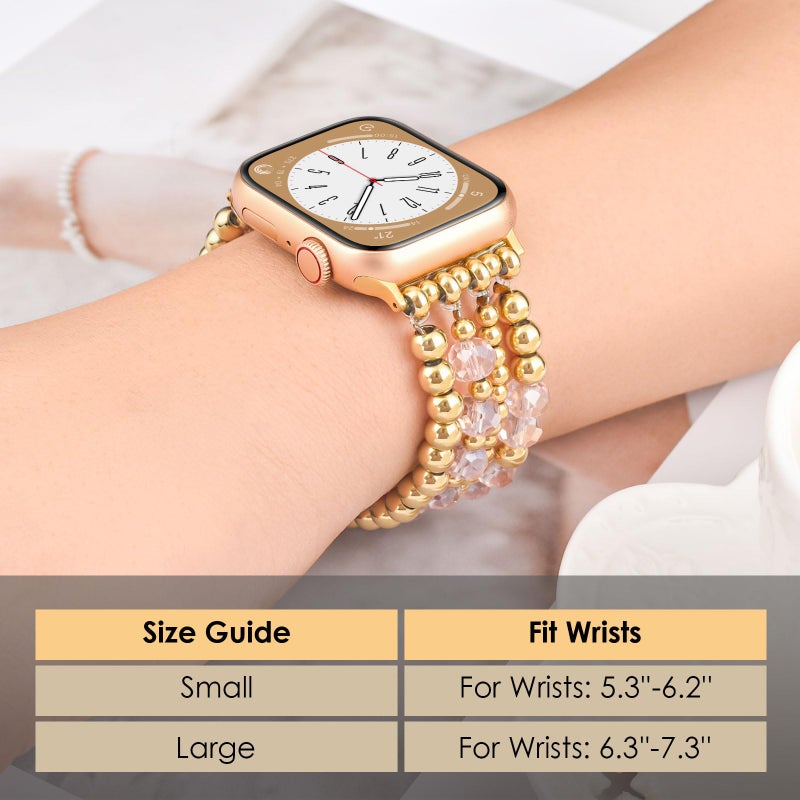 AIRSPO Gold Beaded Bracelets Compatible for Apple Watch Band 38mm 40mm 41mm 42mm 44mm 45mm Women, Fashion Handmade Dressy iPhone Watch Bands Elastic Strap for iWatch Series SE 8 7 6 5 4 3 2 1 (Pink Beads, 38mm/40mm/41mm-S(5.3"-6.2")) - Image 3